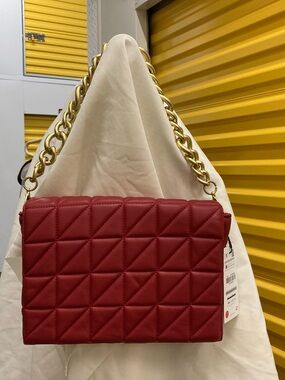 Zara Quilted Red Shoulder Bag with Gold Chain Strap